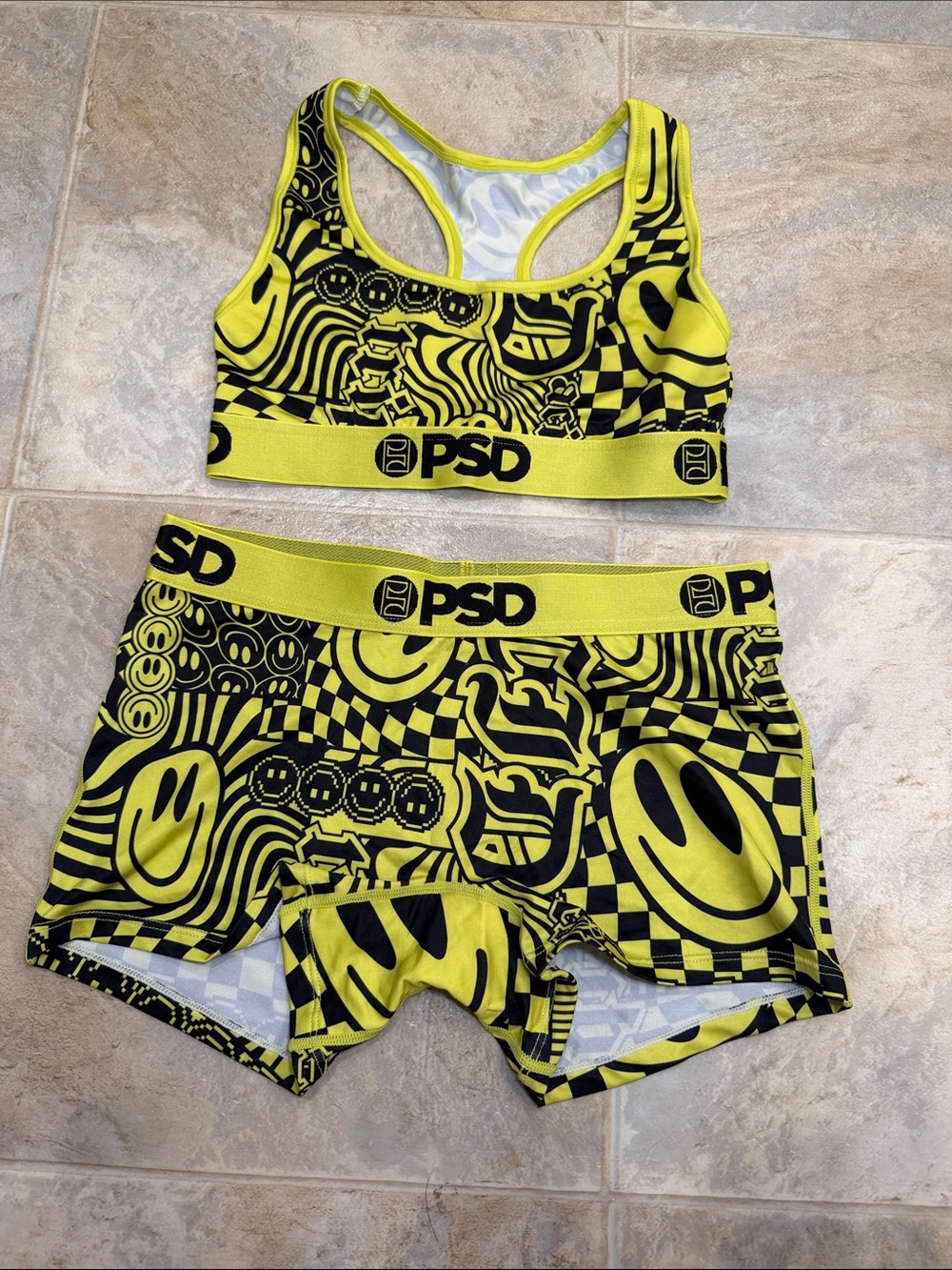 PSD Neon Yellow & Black Acid Trip Smilies Sports Bra and Boy Shorts